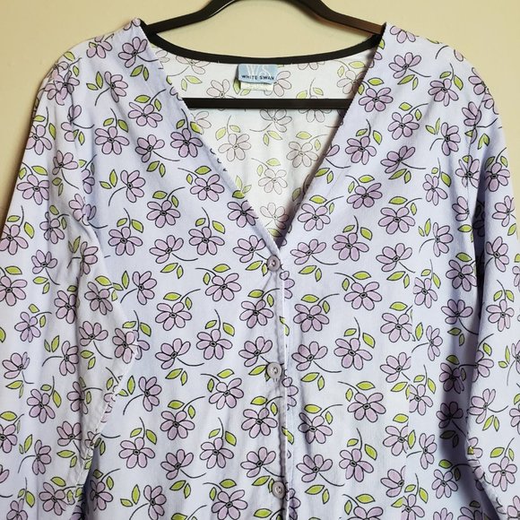 White Swan Light Purple Floral Velvet Button Down Scrub Jacket Coat Large - Picture 5 of 8